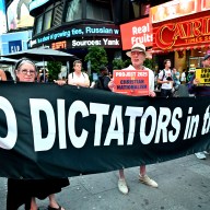 Activists denounce Project 2025 and the campaign's threats to democracy during a Times Square demonstration on July 27.