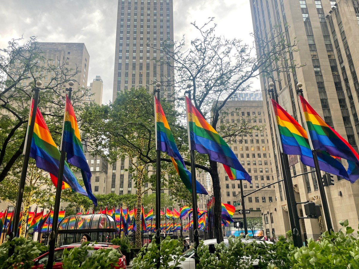 Rainbow Flags near Rockefeller Center in Manhattan, New York.