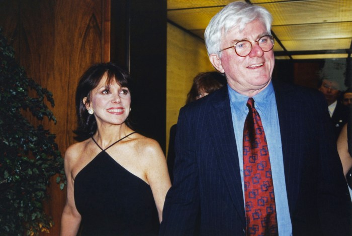 Phil Donahue and his wife, Marlo, at the Four Seasons after a fundraiser.