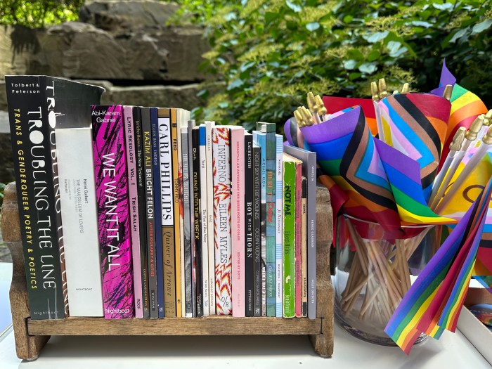 Books and Rainbow Flags sit on a table at the picnic.