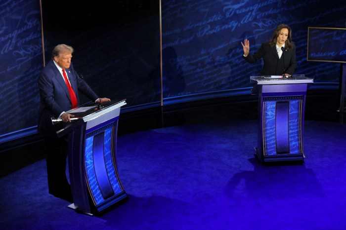 Former President Donald Trump (left) and Vice President Kamala Harris (right) engage in a presidential debate in Philadelphia on Sept. 10, 2024. 