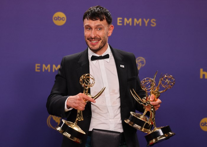 Richard Gadd poses with awards for "Baby Reindeer" at the 76th Primetime Emmy Awards in Los Angeles, California, U.S., September 15, 2024. 