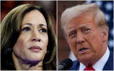 U.S. Vice President Kamala Harris in Milwaukee, Wisconsin, U.S. August 20, 2024 and former U.S. President Donald Trump in Bedminster, New Jersey, U.S., August 15, 2024.