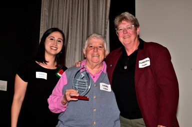 Leslie Cagan (middle) with presenters Peace Action New York executive director Emily Rubin (left) and Columbia professor and law scholar Katherine Franke (right).