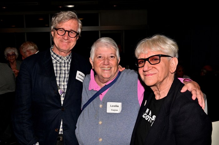 Anti-nuclear activists Robert Croonquist (left) and Jackie Rudin (right) join Leslie Cagan.