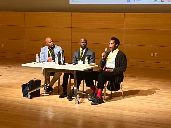 Shane Tull, Uche Onwa, and Dr. Julian Watkins during a panel discussion at The New School's Tisch Auditorium during the 2024 In My Mind Conference.