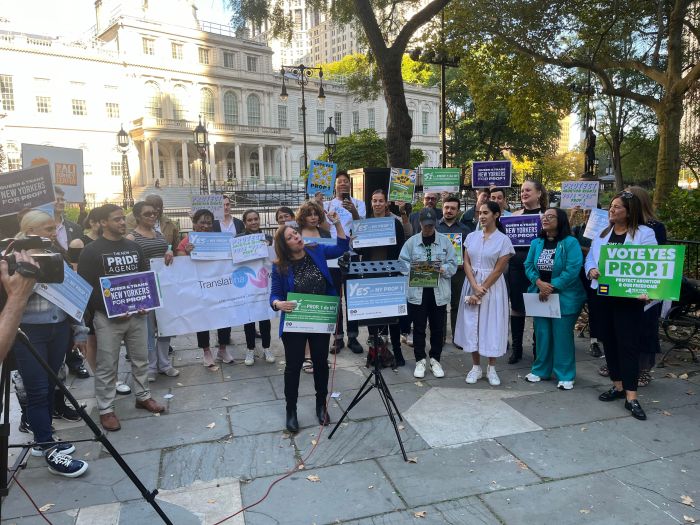 Assemblymember Jessica González-Rojas delivers remarks at the Oct. 21 rally for Proposal 1 outside City Hall.