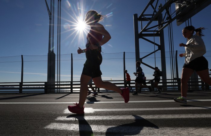 Runners cross the Verrazzano-Narrows Bridge during the marathon on November 3, 2024.