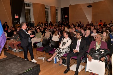 Out gay Assemblymember Tony Simone of Manhattan speaks to the crowd at a post-election town hall at the LGBT Community Center in New York City on Nov. 13.