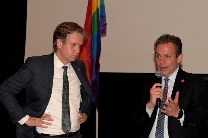 A pair of Manhattan state lawmaekrs — State Senator Brad Hoylman-Sigal and Assemblymember Tony Simone — answer questions from the audience.