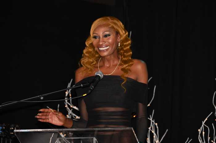 Dominique Jackson delivers remarks at the Stonewall Inn Gives Back Initiative's gala in 2024.