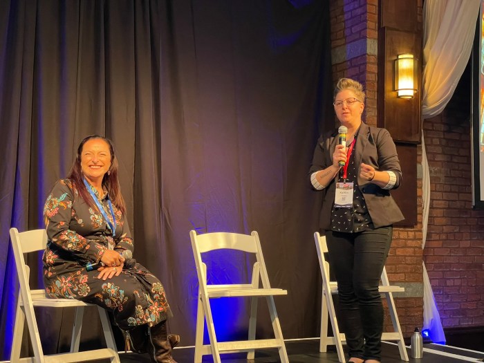 Kaitlin Calogera, founder and president of A Tour of Her Own, right, responding to attendee commentary during the “Candid Talk: What’s Right and Wrong with Our Industry and Careers?” session with Miriam Bourin, left, travel director at Destinations America, at TripCon in Brooklyn on November 12, 2024.