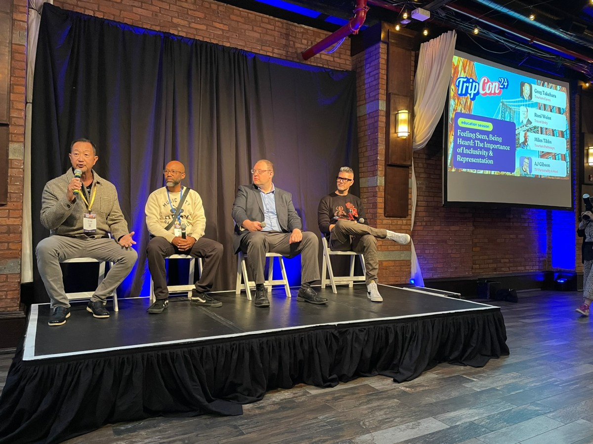 (L-R): Tourism Cares CEO Greg Takehara moderated the panel discussion, “Feeling Seen, Being Heard: The Importance of Inclusivity and Representation,” which brought together The Pathways Project executive director team member Miles Tibbs, Travel Unity Executive Director Roni Weiss, and WorldStrides tour guide AJ Gibson, at TripCon in Brooklyn on November 12, 2024.