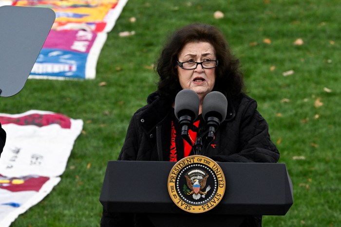 Jeanne White-Ginder, AIDS activist and mother of Ryan White, delivers remarks at an event marking World AIDS Day on the South Lawn of the White House in Washington, U.S., December 1, 2024. 