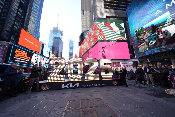 A Times Square display with the numbers 2025 is lit up with lights.