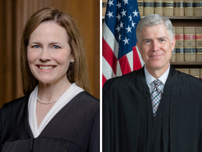 Supreme Court Justices Amy Coney Barrett and Neil Gorsuch.