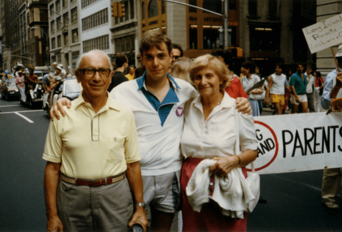 Ed Sedarbaum with his parents at an early 1980s Pride march.