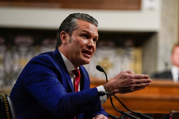 Pete Hegseth testifies before a Senate Committee on Armed Services confirmation hearing on Capitol Hill in Washington, U.S., January 14, 2025. 