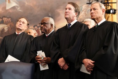 US Associate Supreme Court Justices Samuel Alito, Jr., Clarence Thomas, and Brett Kavanaugh and U.S. Supreme Court Chief Justice John Roberts look on during inauguration ceremonies in the Rotunda of the US Capitol on January 20, 2025 in Washington, DC. Donald Trump takes office for his second term as the 47th president of the United States.