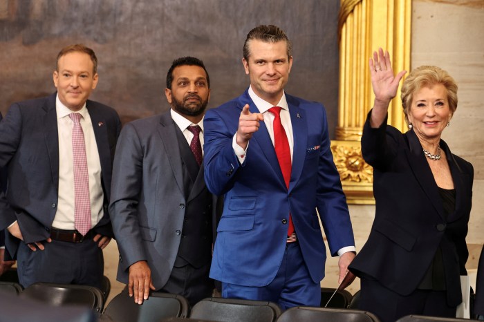 Lee Zeldin, Kash Patel, Pete Hegseth, and Linda McMahon depart inauguration ceremonies in the Rotunda of the U.S. Capitol on January 20, 2025 in Washington, DC. 