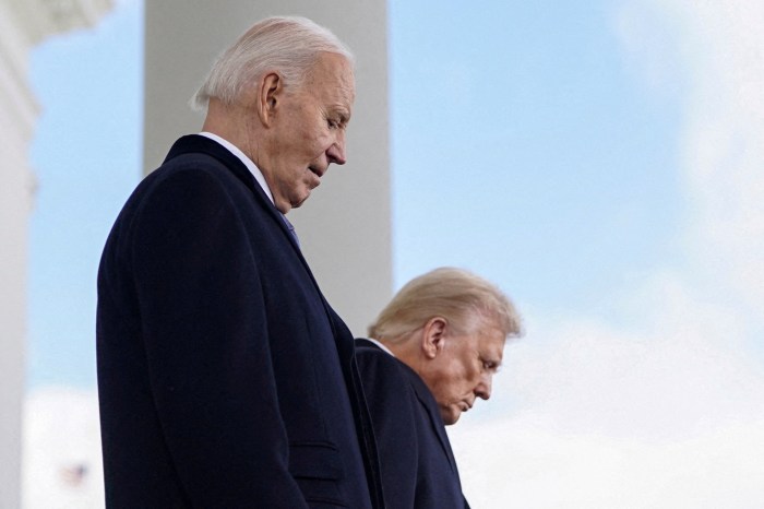 Donald Trump walks with Joe Biden at the White House on inauguration day. 