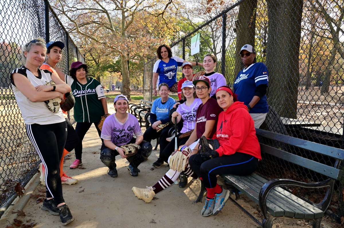 Some members of the Prospect Park Women's Softball League in the dugout at Prospect Park.