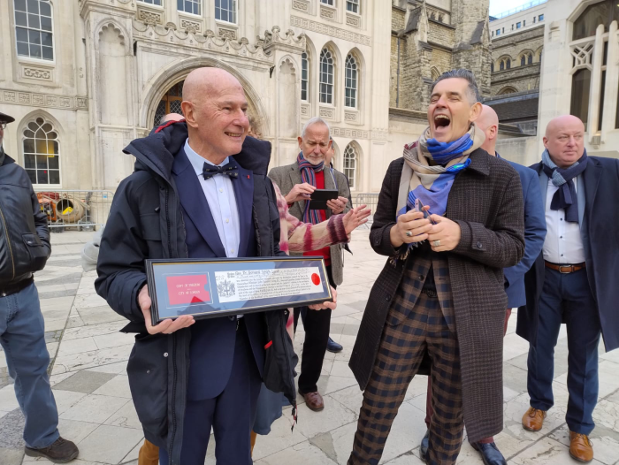 Bernárd Lynch and his husband, Billy Desmond, outside the Guildhall.