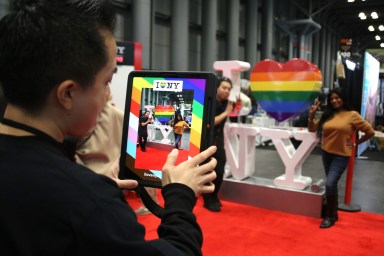 New York State Tourism’s I ♥︎ NY rainbow heart was a popular selfie point inside of the LGBTQ Pavilion at the New York Travel and Adventure Show in January 2025.