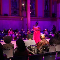 Qween Jean speaks during Trans Day of Love at Judson Memorial Church on Feb. 14.