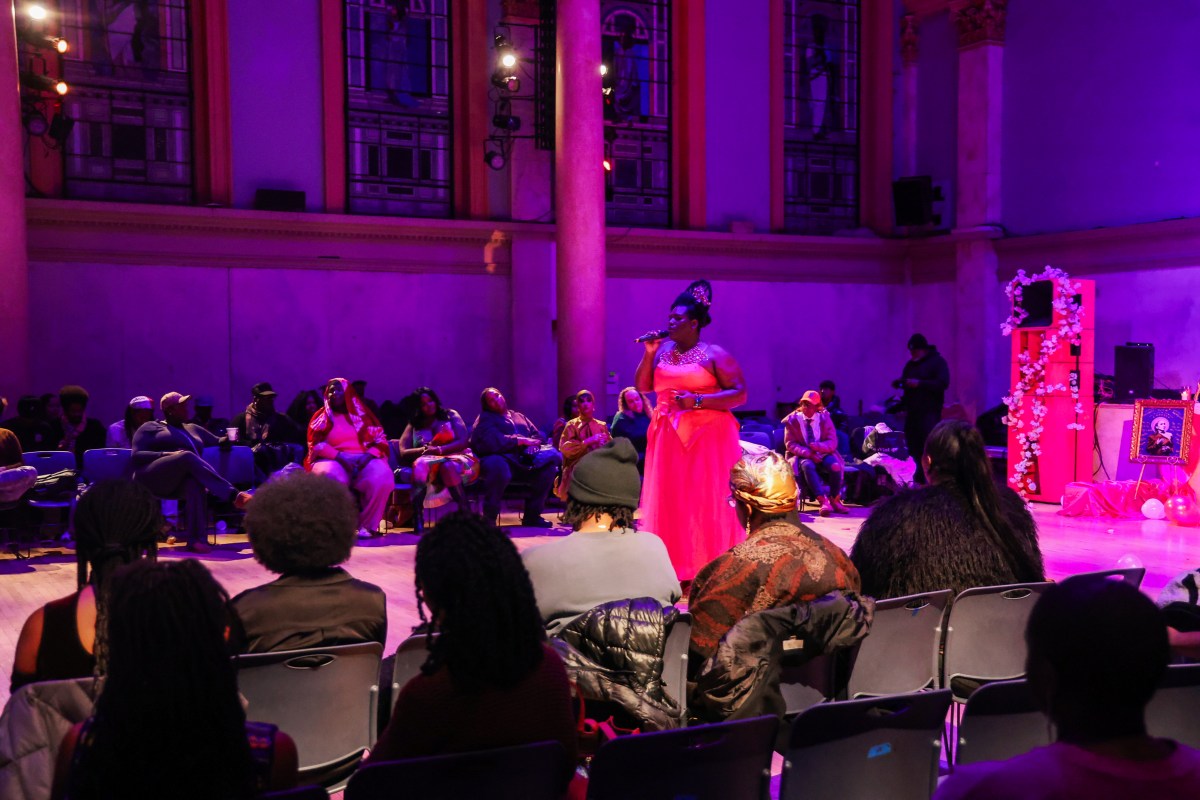 Qween Jean speaks during Trans Day of Love at Judson Memorial Church on Feb. 14.