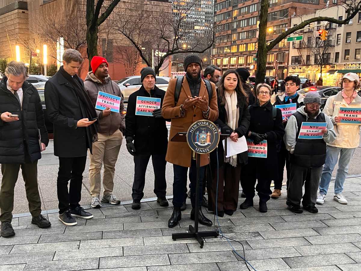 Public Advocate Jumaane Williams stands with lawmakers on Feb. 6 to condemn NYU Langone's response to Trump's executive order on gender-affirming care.