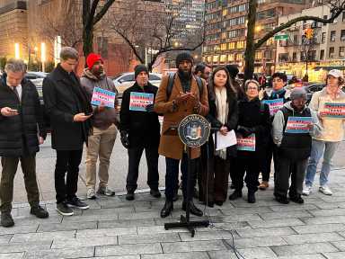 Public Advocate Jumaane Williams delivers remarks near NYU Langone on Feb. 6 after reports that the hospital changed course on gender-affirming care in response to an executive order.