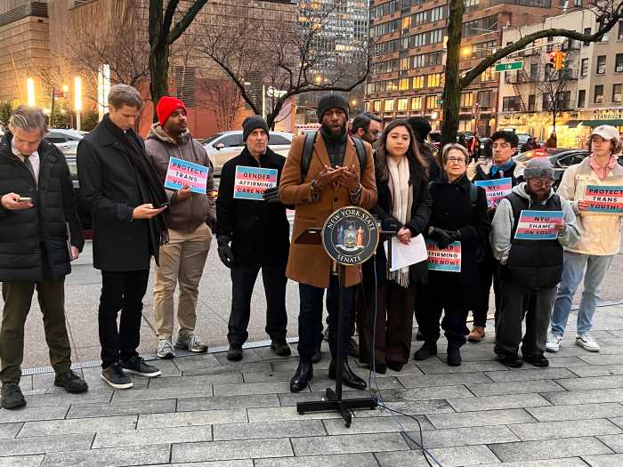 Public Advocate Jumaane Williams stands with lawmakers on Feb. 6 to condemn NYU Langone's response to Trump's executive order on gender-affirming care.