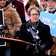 Assemblymember Deborah Glick, the first out member of the State Legislature, addresses the crowd during a protest near the Stonewall Inn in February of 2025.