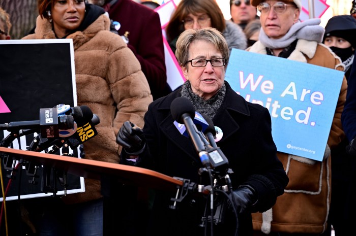 Assemblymember Deborah Glick, the first out member of the State Legislature, addresses the crowd.