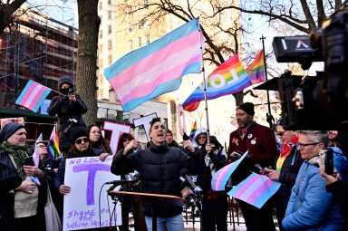 Marti Gould Cummings fires up the audience at a demonstration near Stonewall in February.