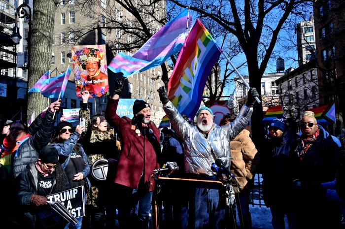 Steven Love Menendez, a caretaker of the Rainbow Flags near Stonewall, speaks to the crowd during the Feb. 14 demonstration.