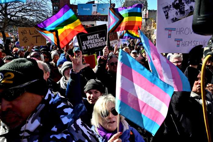 Advocates protest near Stonewall in February after the Trump administration removed "T" and "Q" from the National Park Service website.