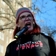 Denise Norris, Menace co-founder, speaks at a demonstration near the Stonewall Inn on Feb. 21.