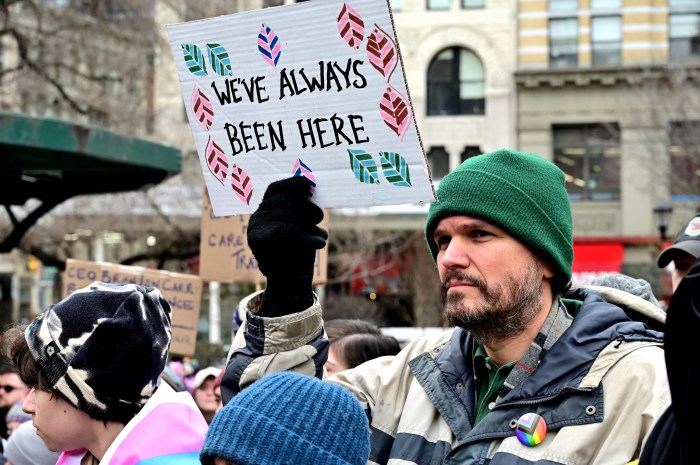 Thousands of people turned out for a Feb. 8 protest in Manhattan targeting President Donald Trump's transphobic executive orders.