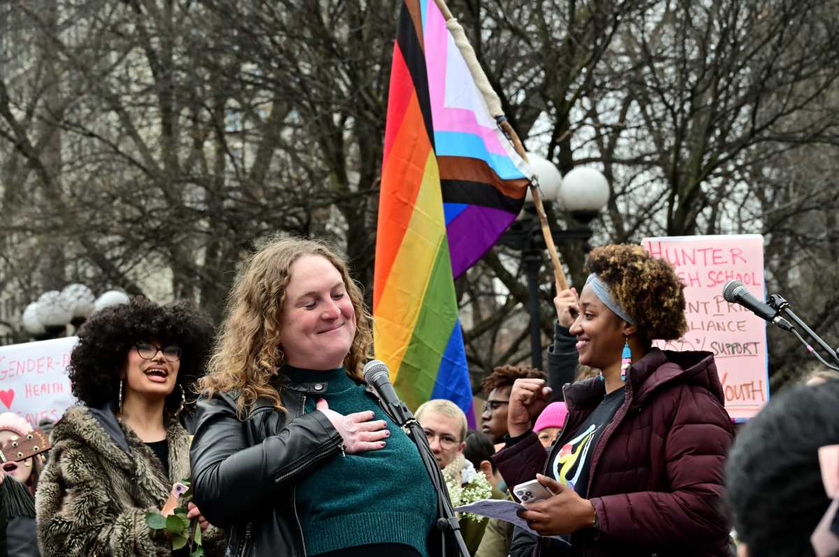 at a Union Square rally for trans youth on Feb. 8, 2024.