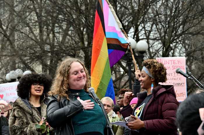 at a Union Square rally for trans youth on Feb. 8, 2024.