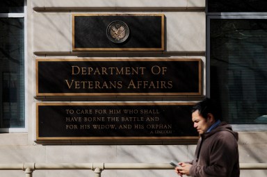 A sign marks the headquarters of the Department of Veterans Affairs in Washington, D.C., U.S., February 20, 2025.