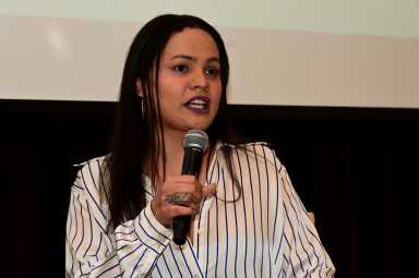 Yanery Cruz delivers remarks in observance of Transgender Day of Visibility in March of 2025.