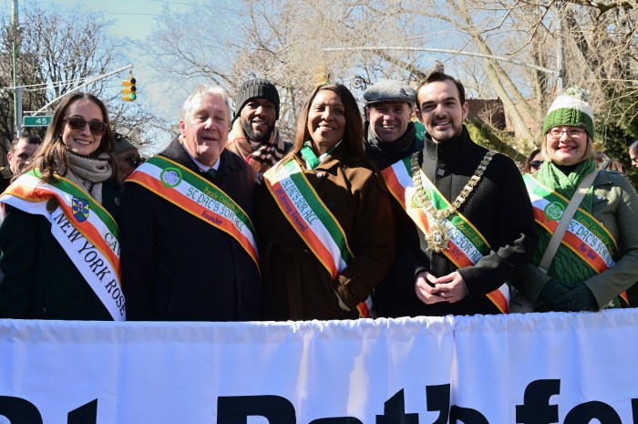 NY Rose of Tralee Billie Aoife Cooper (left), Danny Dromm, Jumaane Williams, Letitia James, Rep. Timothy Kennedy, Lord Mayor Belfast Councilor Mickey Murray, and Irish Counsel-General Helena Nolan.