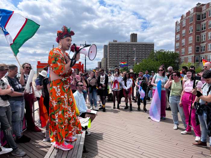 Maxim Ibadov speaks at Brighton Beach Pride in 2023.