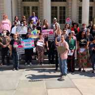 LGBTQIA+ Caucus Co-Chair Tiffany Cabán of Queens leads supporters of gender-affirming care at City Hall on April 24.