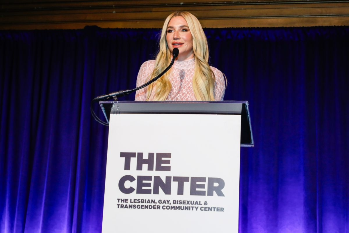 Music artist Kesha delivers remarks at The LGBT Community Center's dinner on April 10.