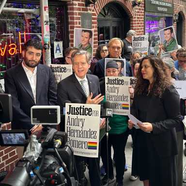State Senator Brad Hoylman-Sigal speaks alongside elected officials, advocates, and attorneys to demand the release of Andry Hernández Romero.