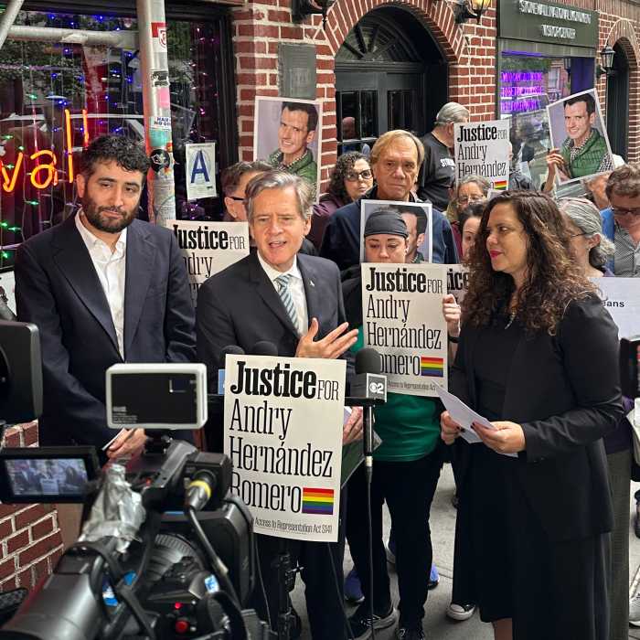 State Senator Brad Hoylman-Sigal speaks alongside elected officials, advocates, and attorneys to demand the release of Andry Hernández Romero.